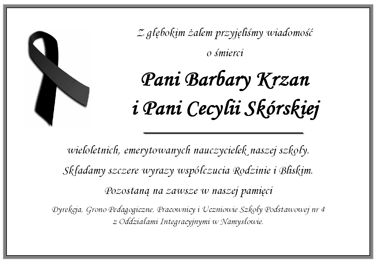 Zawiadomienie o śmierci Pani Barbary Krzan i Cecylii Skórskiej